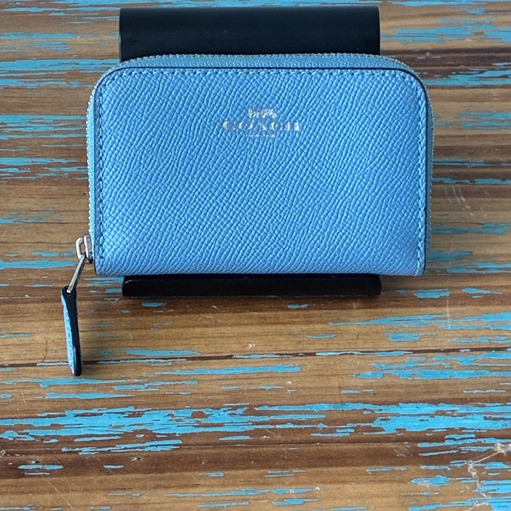 Coach Zip Card Case Leather Wallet Slate Blue Compact Wallet
